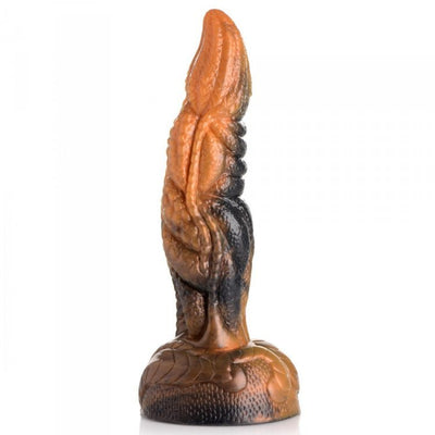 Orange and black marbled silicone dildo with textured, rippled tentacle design and wide suction cup base.