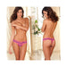 Front and back view of a woman wearing purple and pink crotchless lace V-thong underwear in a softly lit room.
