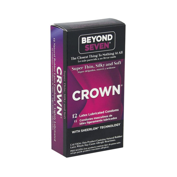 Box of Crown 12-pack latex lubricated condoms with Sheerlon technology in black and purple packaging.