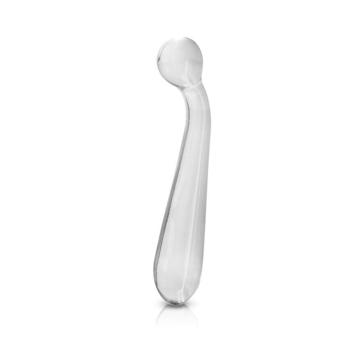 Clear crystal glass wand with a curved handle and rounded tip designed for targeted stimulation.