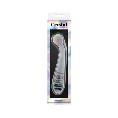 Clear crystal glass G-spot wand in iridescent packaging with ergonomic curved design for targeted stimulation.