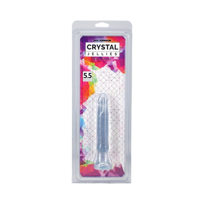 Doc Johnson Crystal Jellies 5.5-inch pink anal starter toy in clear packaging with colorful geometric background.