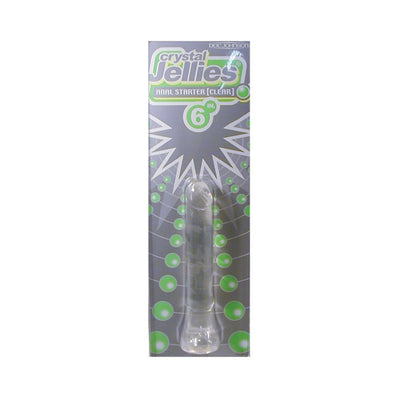 Clear 6-inch Crystal Jellies Anal Starter by Doc Johnson in retail packaging with green and gray design accents.