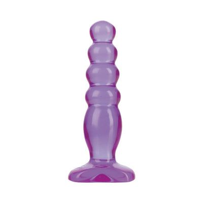 Purple graduated anal plug with rounded tiers and flared base made from translucent flexible material.