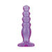 Purple graduated anal plug with rounded tiers and flared base made from translucent flexible material.