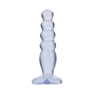 Transparent purple graduated anal plug with rounded tiers and flared base for safe use.