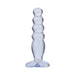 Transparent purple graduated anal plug with rounded tiers and flared base for safe use.