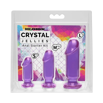 Doc Johnson Crystal Jellies Anal Starter Kit with three purple body-safe plugs in small, medium, and large sizes in clear packaging.