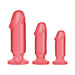 Three translucent pink silicone anal plugs in small, medium, and large sizes with flat bases for stability.