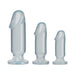 Three translucent, body-safe anal plugs in small, medium, and large sizes with flared bases for beginner use.