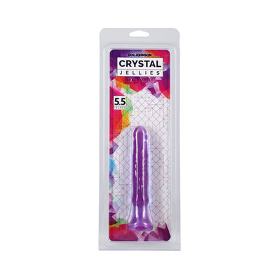 Purple Crystal Jellies Anal Starter by Doc Johnson in clear packaging with colorful geometric background, 5.5 inches long.