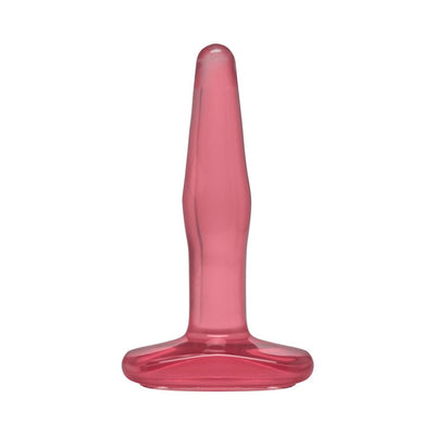 Small pink translucent butt plug with a tapered tip and flared base for comfortable use.
