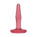 Small pink translucent butt plug with a tapered tip and flared base for comfortable use.