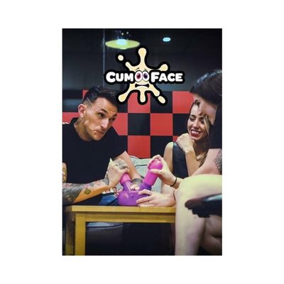 Three adults playing a purple duel pump party game at a table with a black and red checkered background.