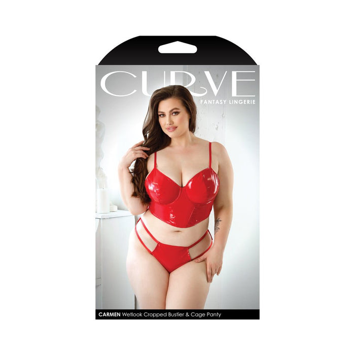 Curve Carmen Wetlook Cropped Bustier & Matching Cage Panty 1x/2x Red - SexToy.com