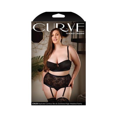 Curve Chloe Keyhole Contour Bra & Gartered High-Waisted Panty Black 1X/2X - SexToy.com