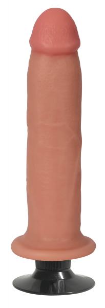 Vanilla-colored 8-inch vibrating dong with realistic texture and suction cup base for hands-free use.
