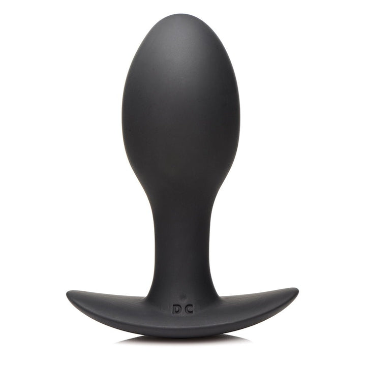Large black silicone vibrating anal plug with flared base and smooth, contoured design.