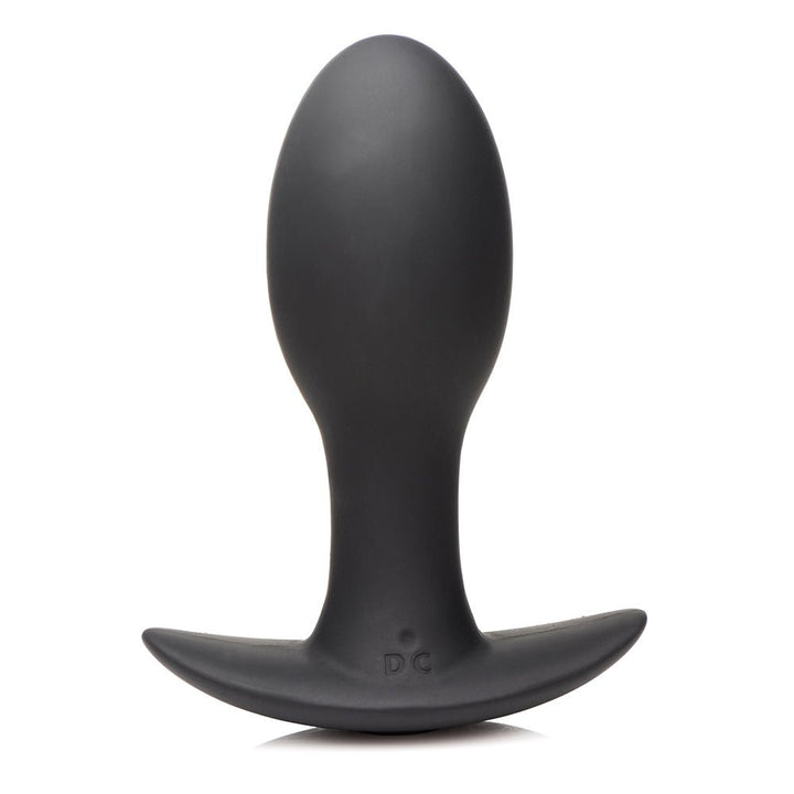 Medium-sized black silicone vibrating anal plug with flared base and smooth, contoured shape.