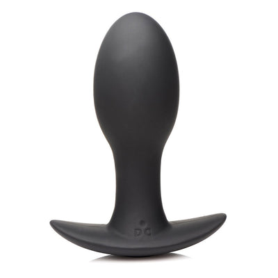 Medium-sized black silicone vibrating anal plug with flared base and smooth, contoured shape.