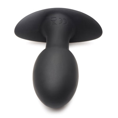 Black medium-sized silicone vibrating anal plug with flared base, smooth rounded design, and rechargeable feature.