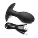Black silicone vibrating anal plug with flared base and USB charging cable on white background.