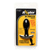 Medium black silicone vibrating anal plug in retail packaging with ergonomic base and waterproof features.
