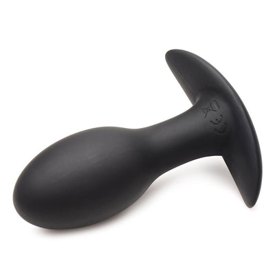 Black medium-sized silicone vibrating anal plug with flared base, smooth curved design for comfortable use.