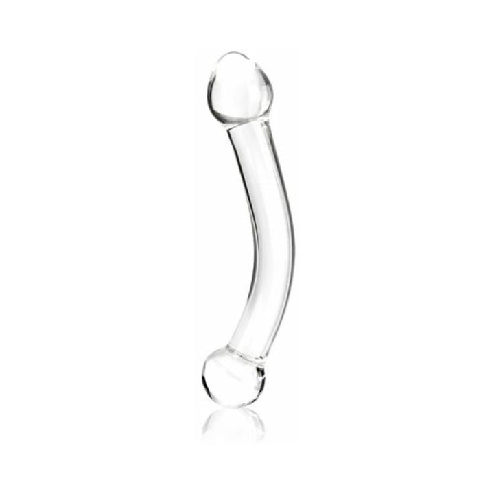 Clear curved glass G-spot stimulator with rounded ends, 7 inches long, designed for targeted pleasure.