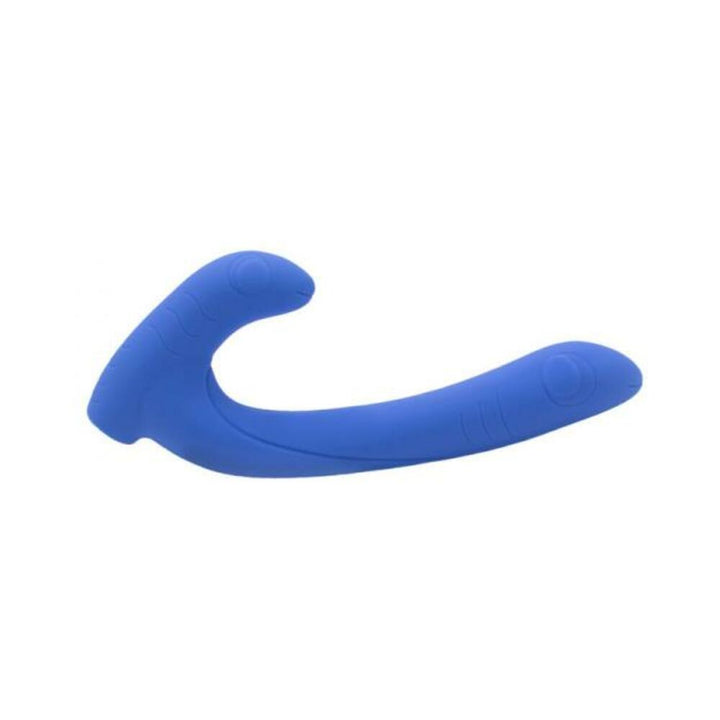Blue silicone dual-ended curved adult toy designed for comfortable and versatile intimate use.