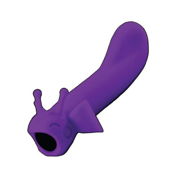 Purple silicone vibrator with a curved shaft and playful fin design for ergonomic grip and targeted stimulation.