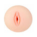Top view of a soft, lifelike textured stroker with realistic vaginal opening in light skin tone.