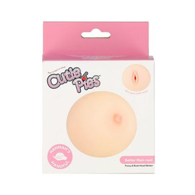 Cutie Pies Boobie Stroker packaging showing lifelike breast design with nipple and vaginal opening illustration.