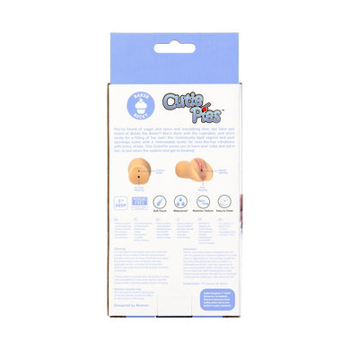 Back view of Cutie Pies Baker Becky Ass & Pussy Stroker packaging highlighting product features and care instructions.
