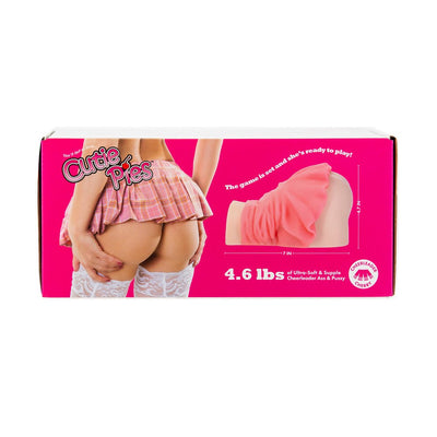 Packaging box for CutiePies Cheerleader Cherry masturbator featuring a pink plaid mini skirt and white lace stockings design.