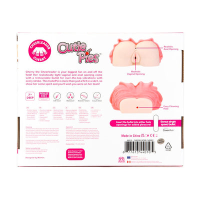CutiePies Cheerleader Cherry product packaging showing dual openings, cleaning hole, and product features in pink and white design.