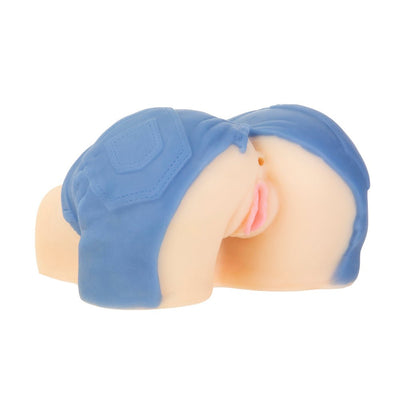 Compact lifelike masturbator in blue cut-off shorts with realistic skin texture and dual openings.