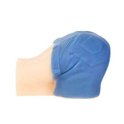 Side view of Cowgirl Callie masturbator in blue denim shorts with realistic skin-tone base.