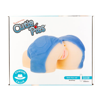 Cutie Pies Cowgirl Callie masturbator in blue cut-off shorts packaging with product image and branding details.