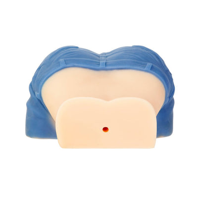 Blue denim shorts on a realistic skin-tone cowgirl-themed masturbator torso with removable bullet vibrator slot.