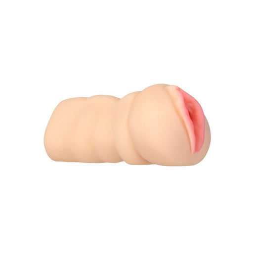 Compact lifelike stroker with soft, textured vaginal opening in natural skin tone on white background.
