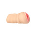 Compact lifelike stroker with soft, textured vaginal opening in natural skin tone on white background.