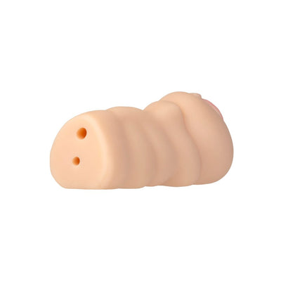 Soft lifelike stroker with dual openings and textured body in a natural skin tone.