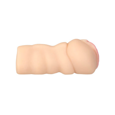 Side view of a lifelike flesh-toned pussy stroker with textured body and detailed entrance on a white background.