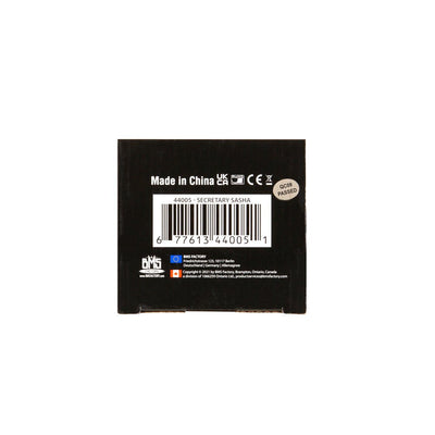Black product box back with barcode and manufacturing details for Secretary Sasha by BMS Factory