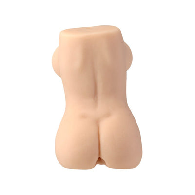 Compact lifelike torso stroker with detailed back and hips in soft skin-tone material.