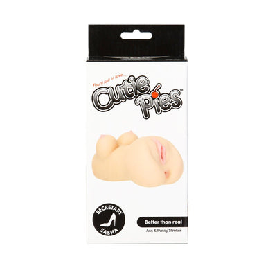 Cutie Pies Secretary Sasha dual-opening stroker in white retail packaging with product image and logo.