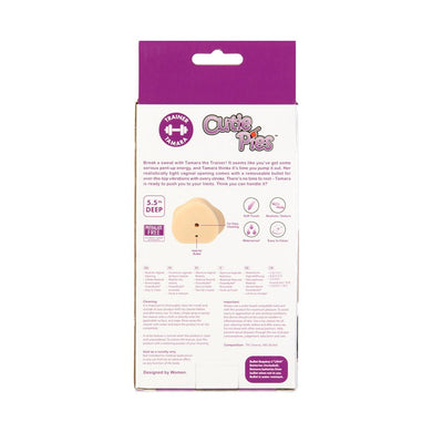 Back packaging of Cutie Pies Trainer Tamara Pussy Stroker with product features and usage instructions.