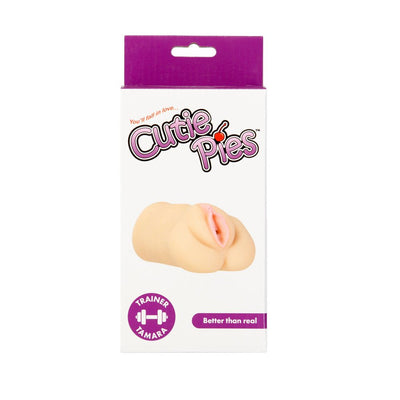 Cutie Pies Trainer Tamara Pussy Stroker in white and purple packaging with product image and logo on front.