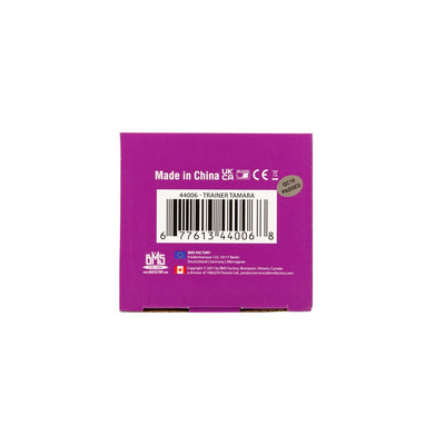 Purple product box back for Cutie Pies Trainer Tamara with barcode and quality control sticker.